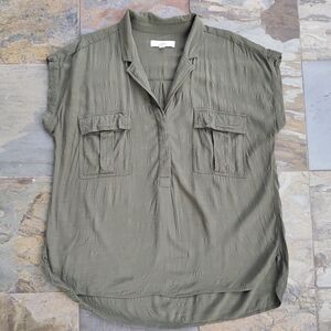 LOFT Olive Green Utility Blouse XL Oversized Short Sleeve Pocket Top